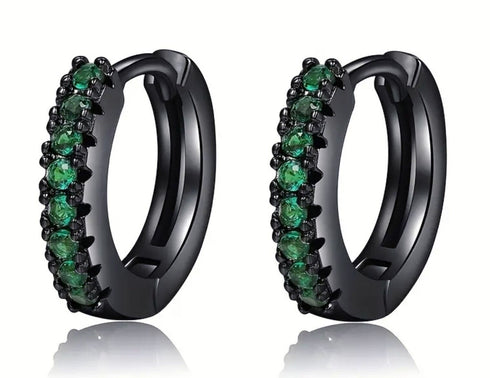 Gun Black Rhodium Plated Green Cubic Zirconia Men & Women Huggie Hoop Earrings